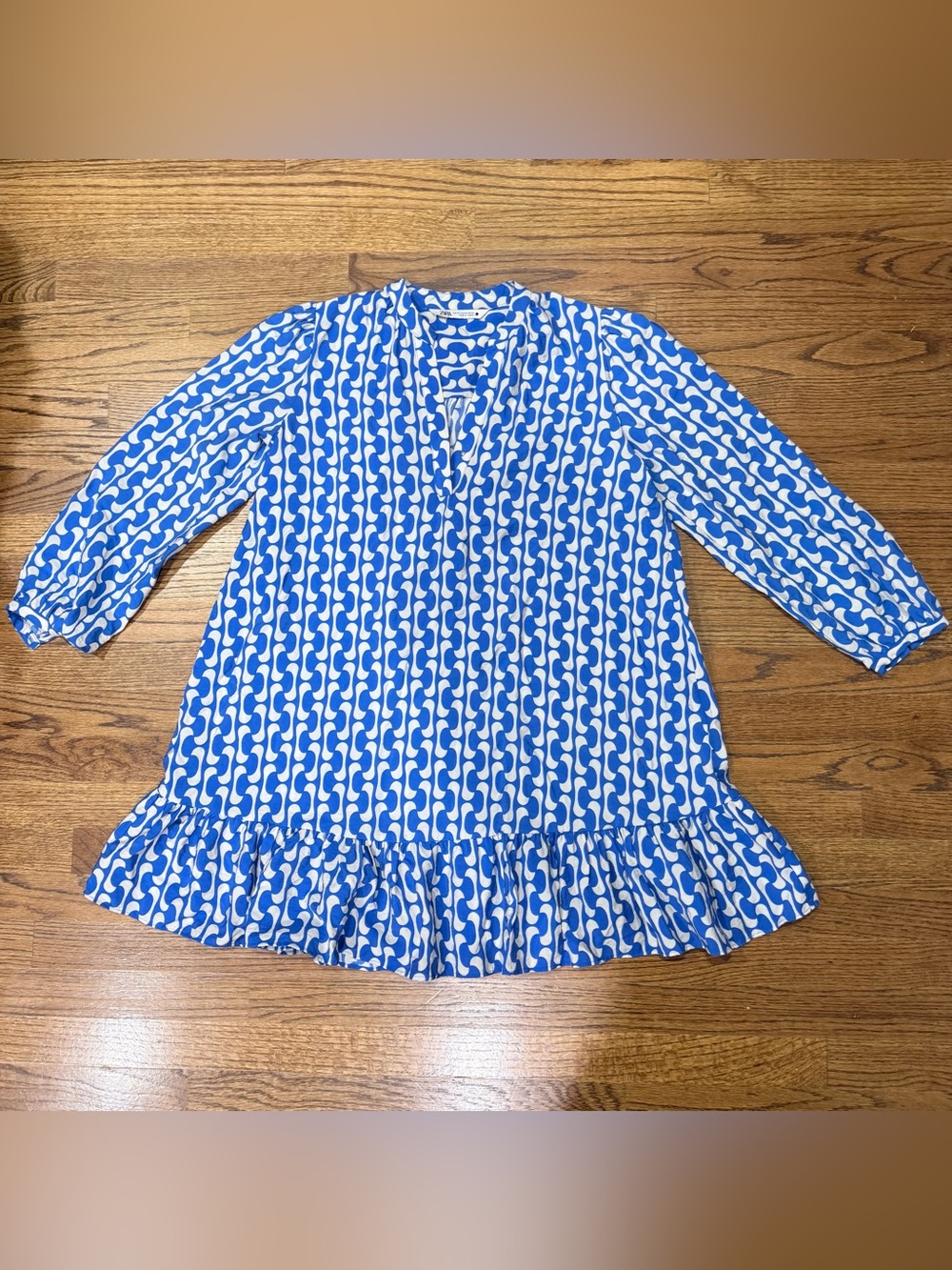 Zara Printed Short Dress XS Blue White Geometric Ruffle Hem Puff Sleeve Tunic